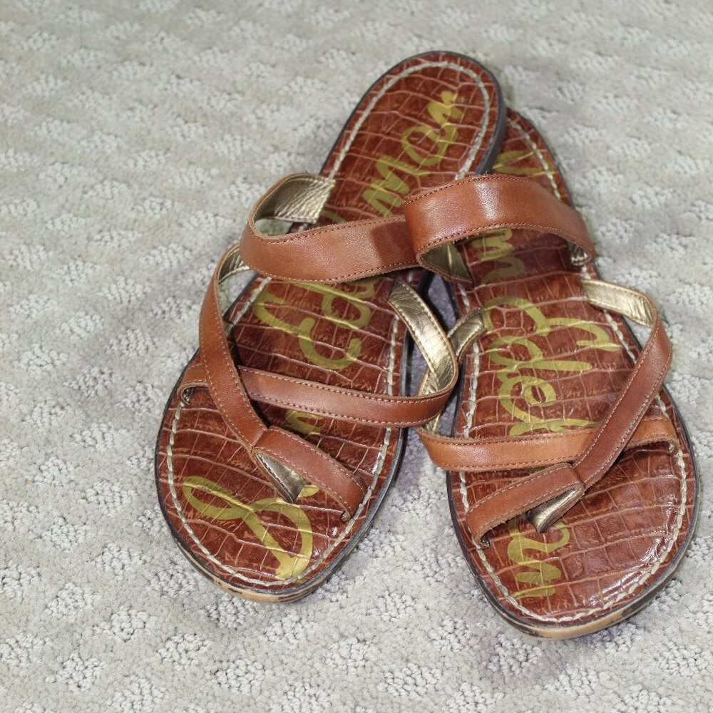 Sam Edelman Brown and Gold Leather Slide Sandals